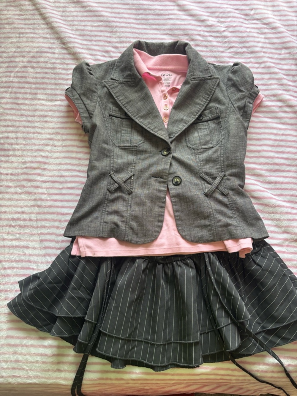 Izod Pink Polo with Gray Pinstripe Blazer & Skirt Ensemble